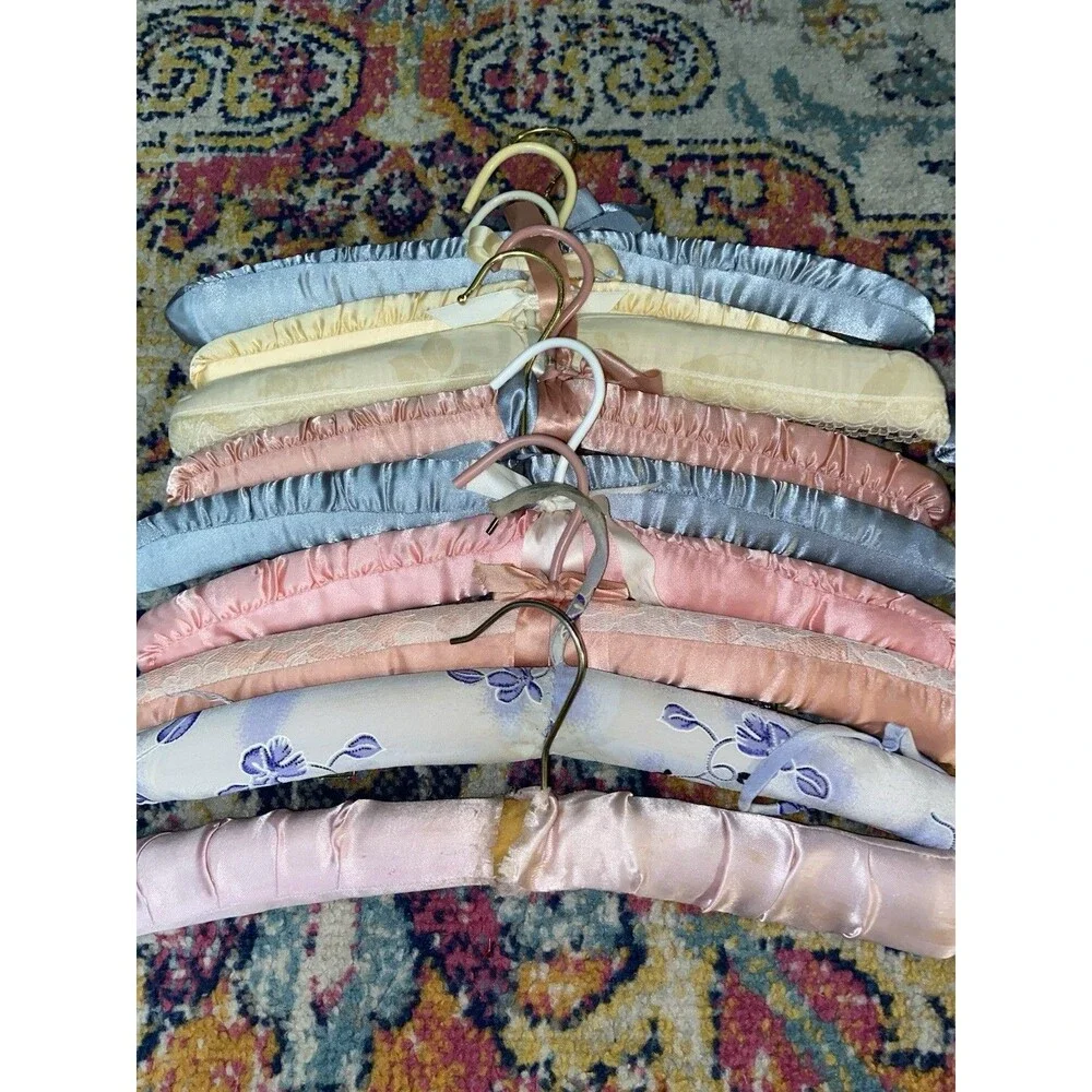 Vintage Padded Satin Traditional Clothes Hangers Lot, Multicolor Floral Coquette